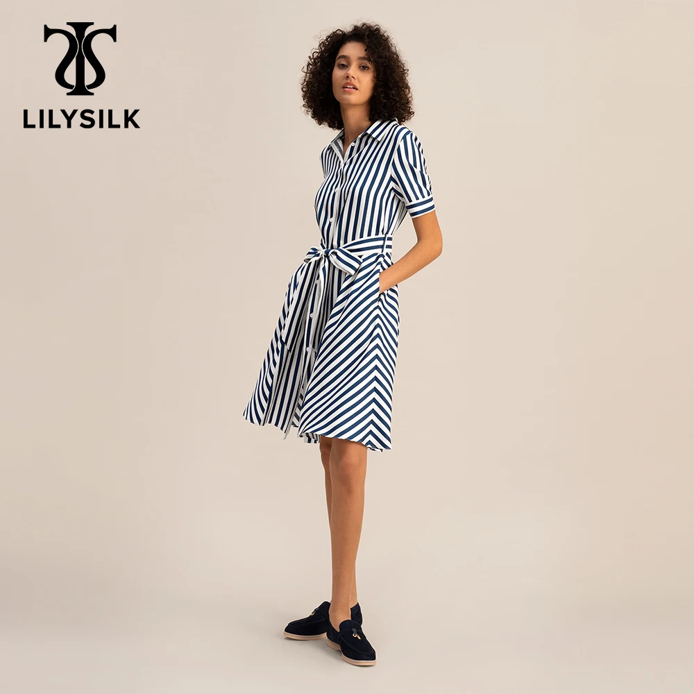 LILYSILK Silk Stripe Shirtdress With Belt For Women 2023 New Spring 16 Momme V Neck Luxury Formal Midi Dress Free Shipping