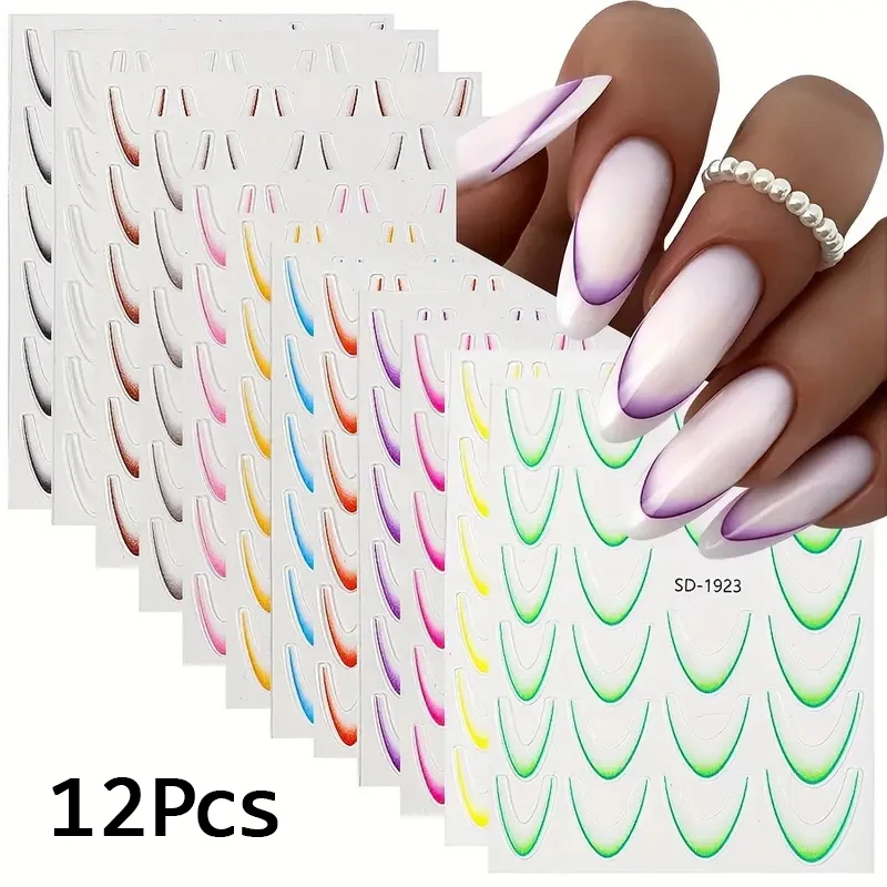 

12pcs 5D French Line Nail Art Stickers Gradient Color French Tip Nail Decals with 3D Self-Adhesive Tips Guides And Stripes Set