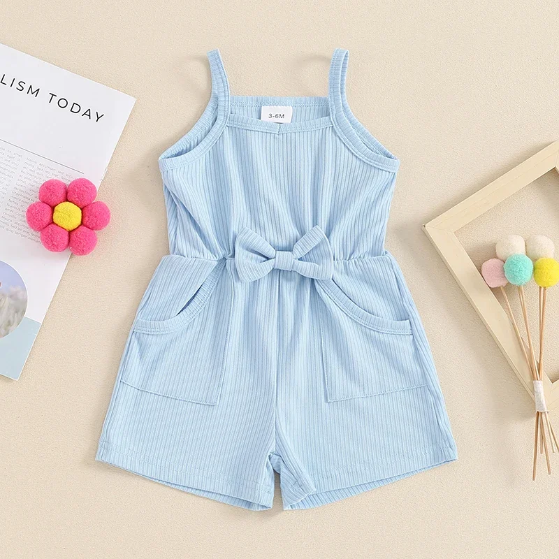 Fashion Baby Girl Summer Jumpsuit Sleeveless Square Neck Solid Color Romper Shorts Toddler Playsuit Overalls Children Clothes