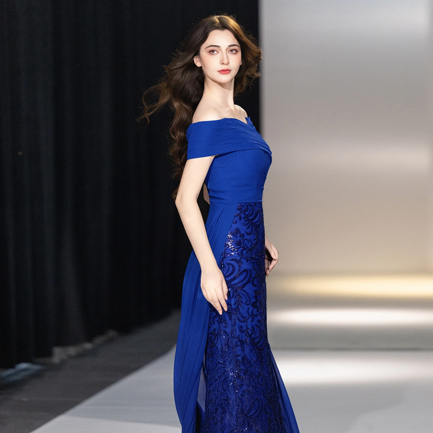 Royal Blue Off Shoulder Mermaid Evening Dress Floral Sequin Chiffon Side Train Floor Length Mother Of Bride Formal Gown image 6