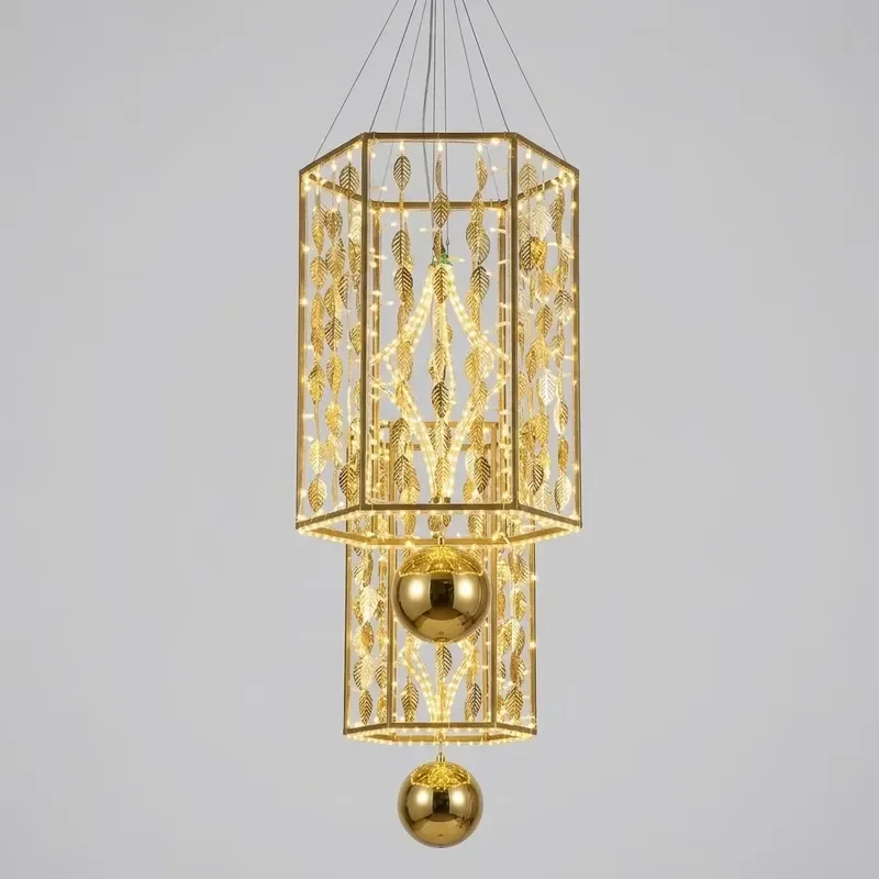 Large gold metal Christmas chandelier, environmentally friendly waterproof LED pattern light, suitable for shopping mall
