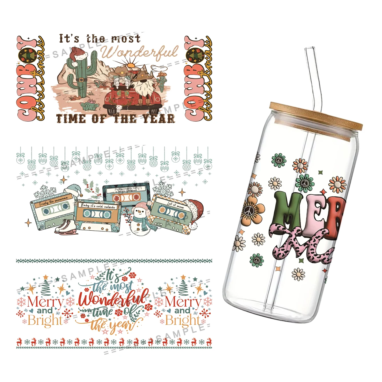 Christmas Elf UV DTF Cup Wrap for 16Oz Libbey Glass Can DIY Transfer Sticker