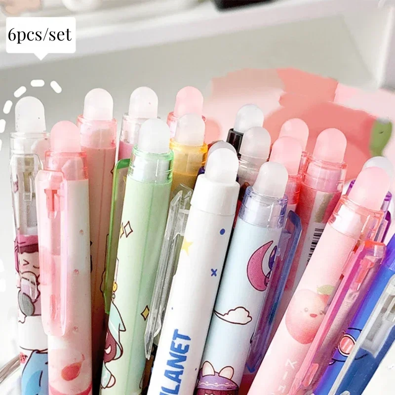 6pcs/box Cute Erasable Gel Pen Lovely Cartoon Stationery Gel Pen Erasable 0.5mm Blue Ink Scrapbook Pen Cute Student Supplies