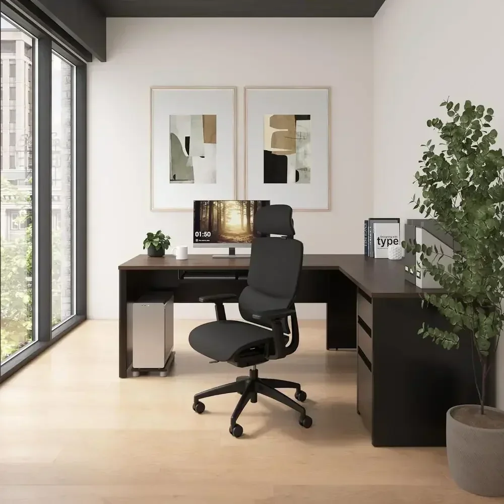 72 L-Shaped Desk with Drawers and Keyboard Tray, Ideal for Executive or Home Office, Antigua and Black