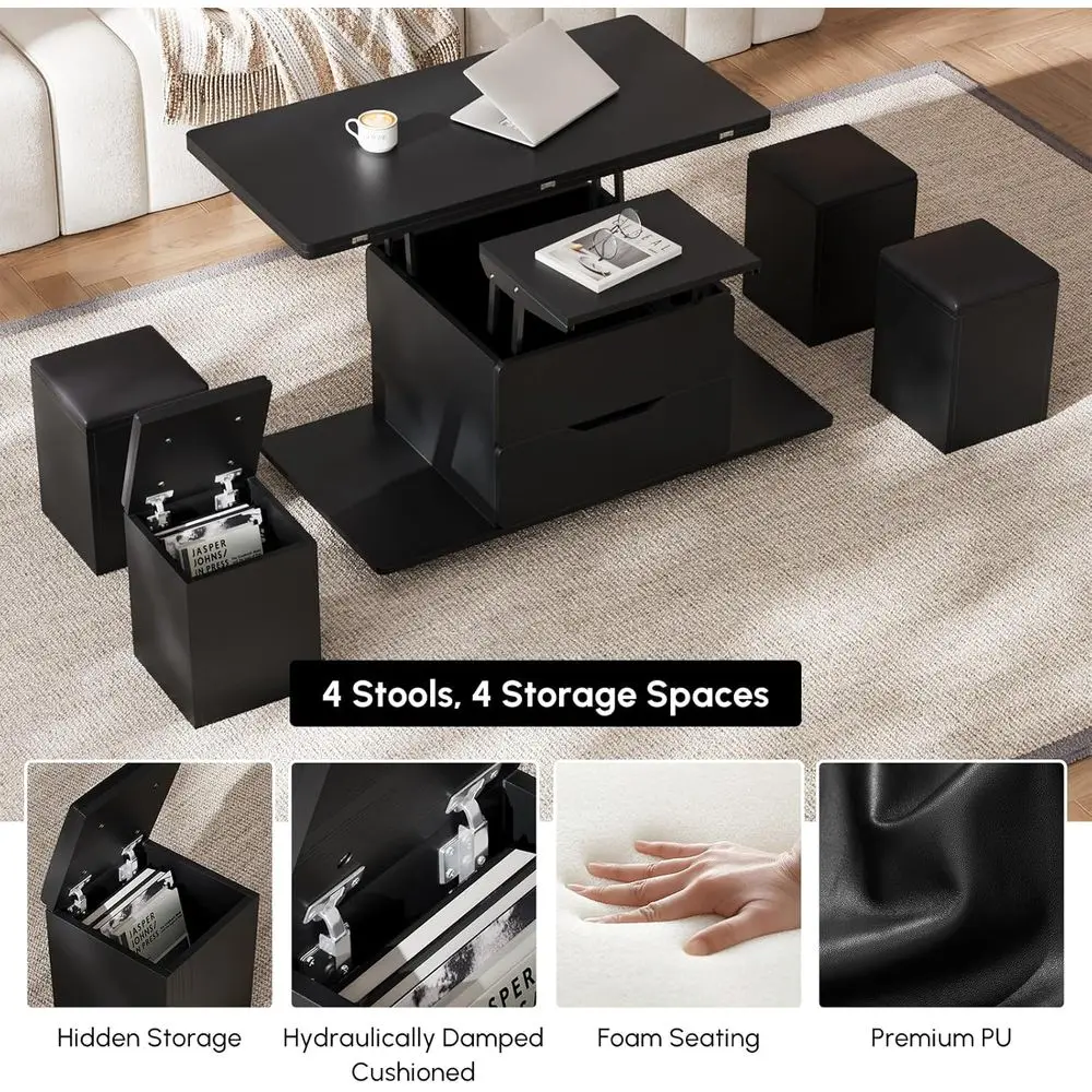 Coffee Table with Stools, Black 3-in-1 Modern Lift-Top Folding Center Table with Hidden Storage, Casters, and Lockable Wheels –