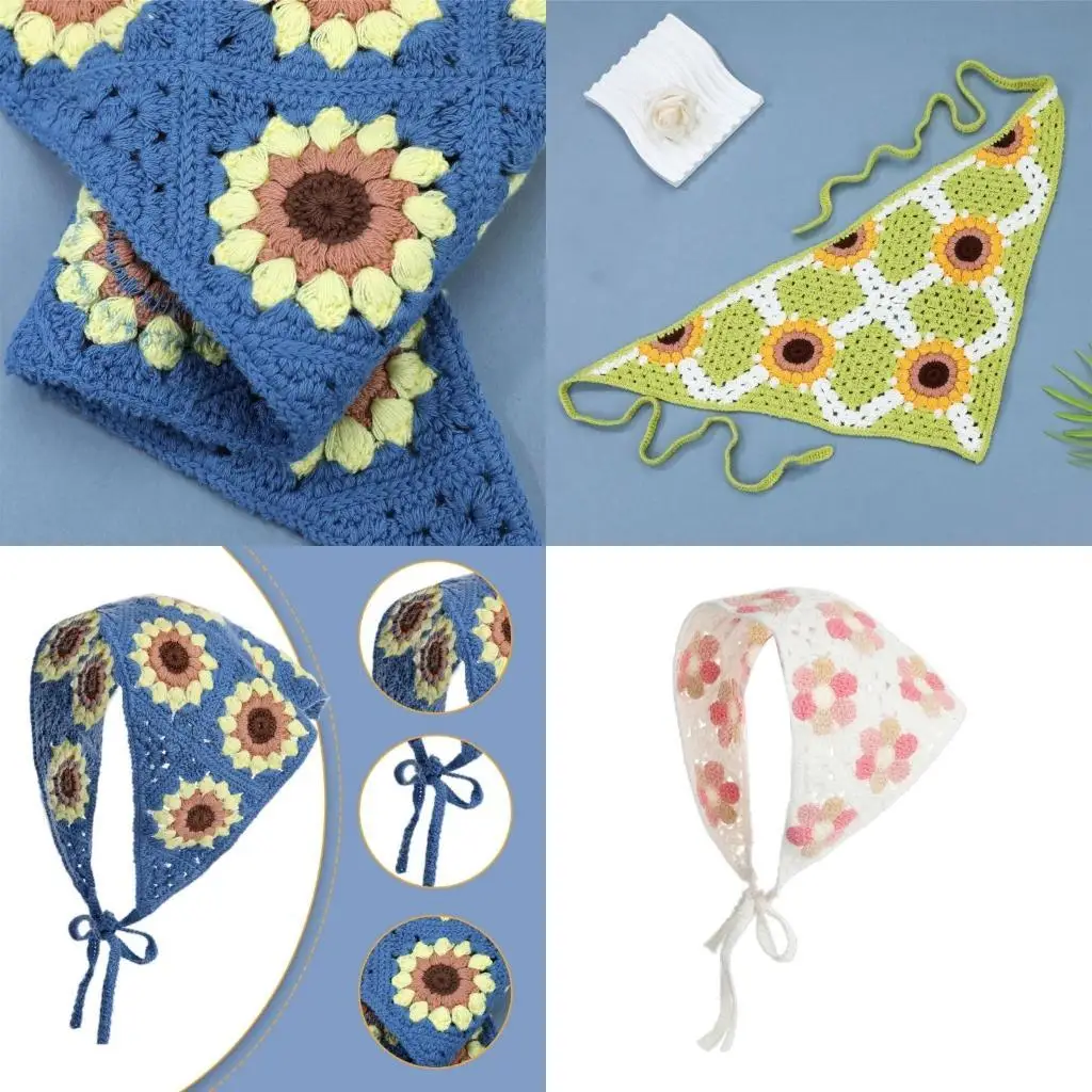 

31BB Decorative Headscarf Crochet Flower Hairscarf Hair Ornaments Ethnic Head Wrap