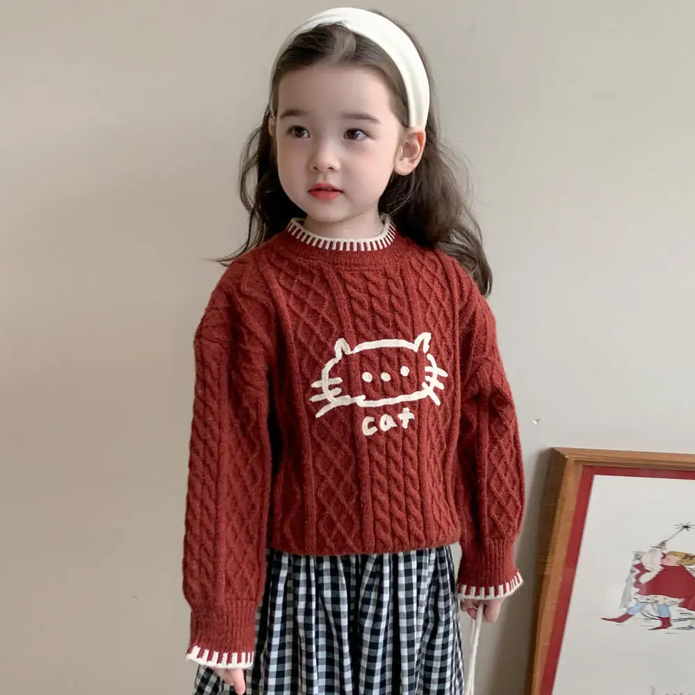

Sanrio Hello Kitty 2025 Winter Korean Style Girls' Jacquard Pullover Sweater Top Warm Children's Clothing Autumn Knitwear