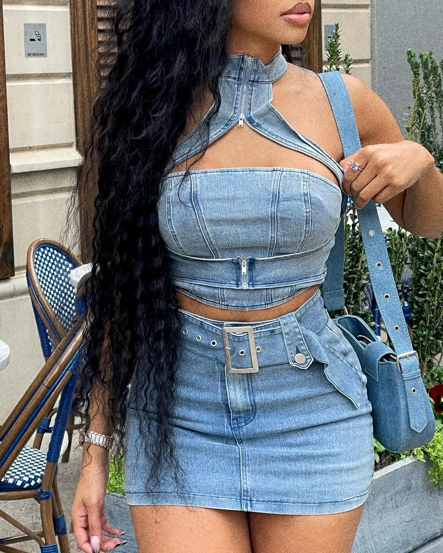 Summer stretch denim two pieces skirt set with backless halter denim top and mini denim skirt