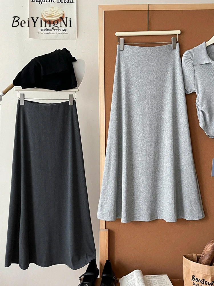 Beiyingni Korean Simple Women's Long Maxi Skirts Elastic Waist Elegant Black A-line Skirt Woman Solid Color French Gray Faldas