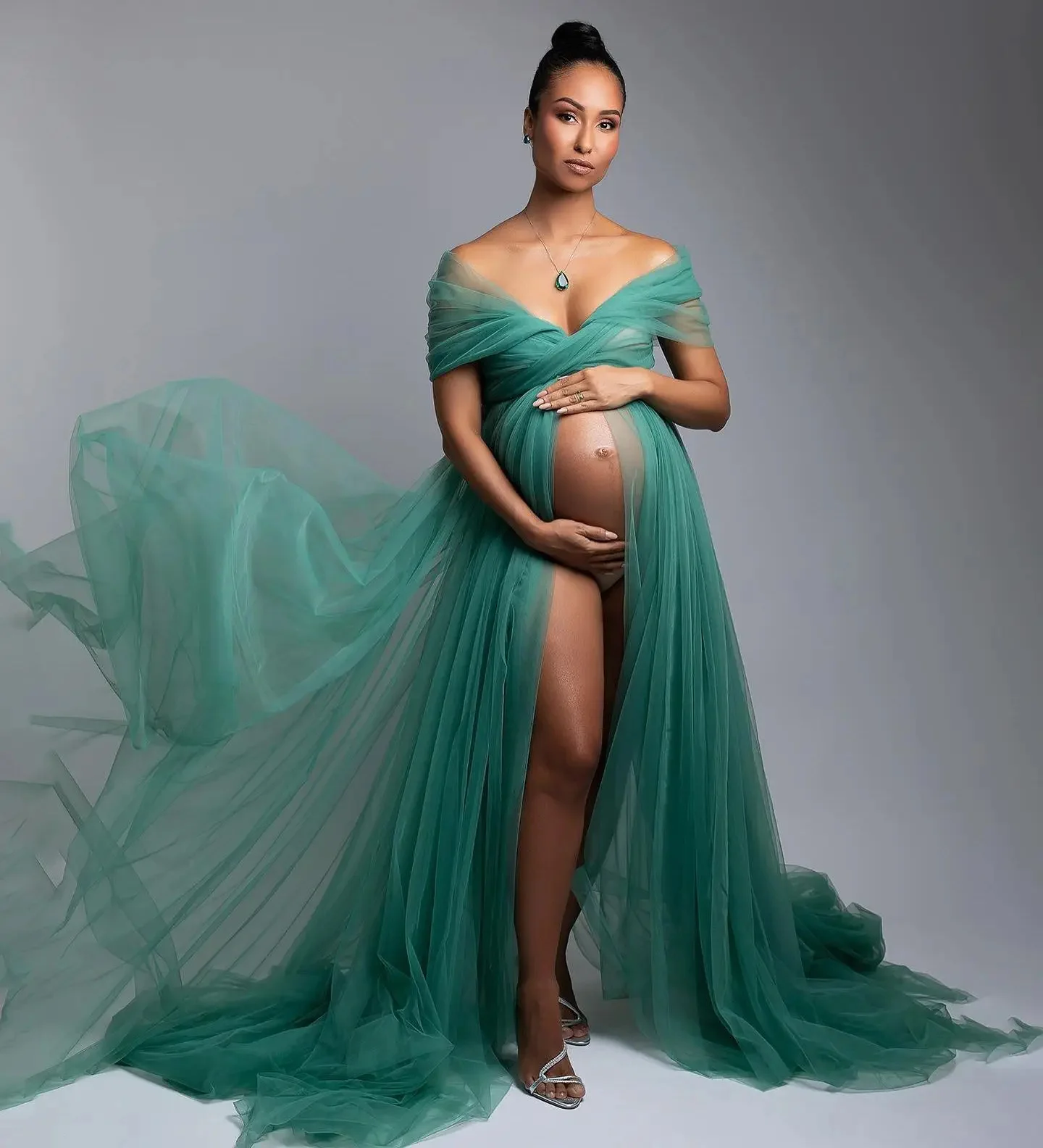 

Green Maternity Dress for Photoshoot Illusion Off Shoulder Pregnant Gowns Dressing Wear Custom Pregnancy Babyshower Bathrobe