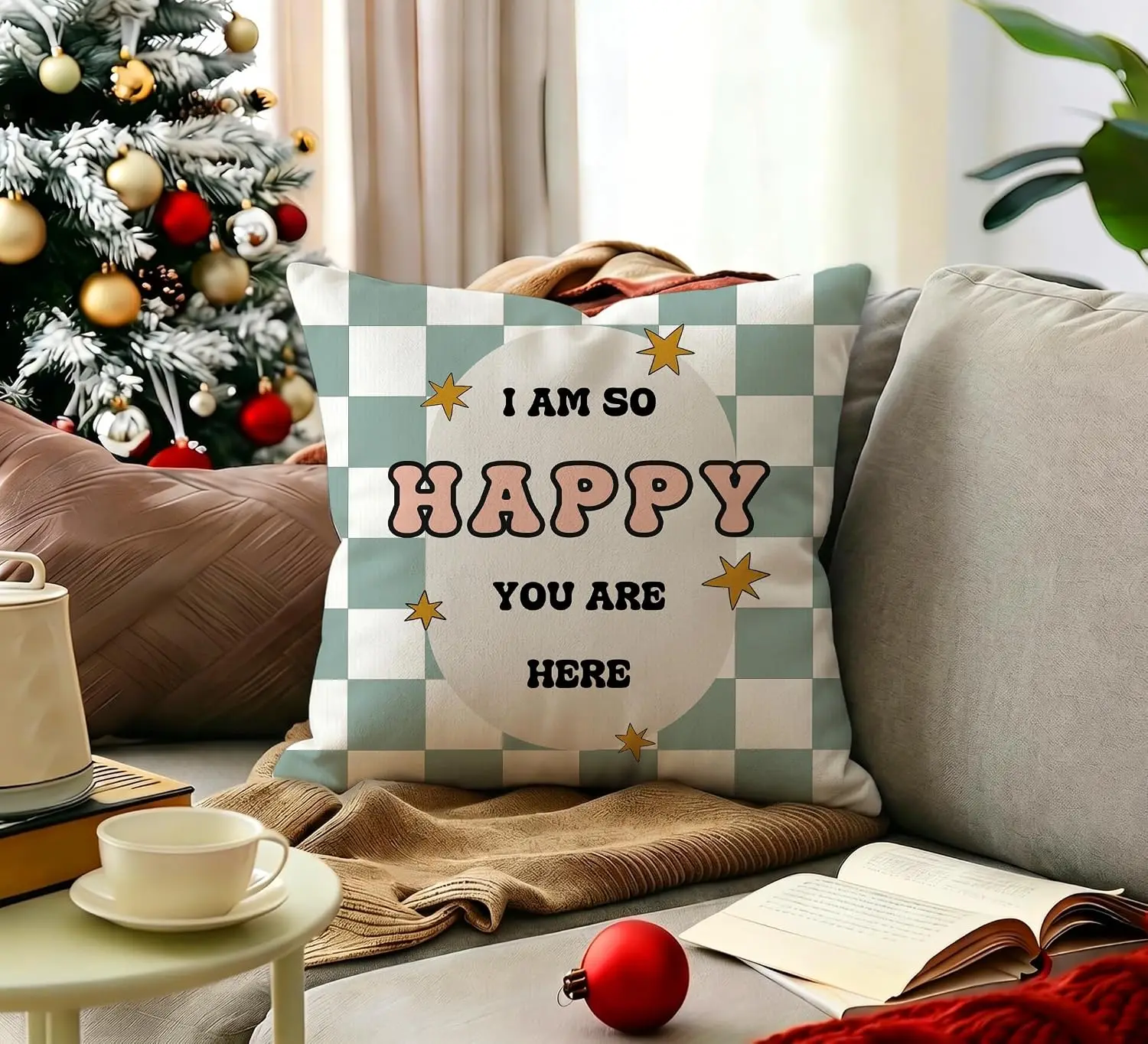 Happy Message Pillowcase Throw Cushion Cover Checkered Pattern Decor Typography Accent Pillow for Living Room Bedroom Home Gifts