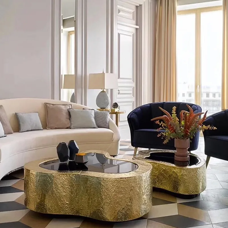 

Stainless steel coffee table living room household tempered glass concave-convex special-shaped design advanced sense