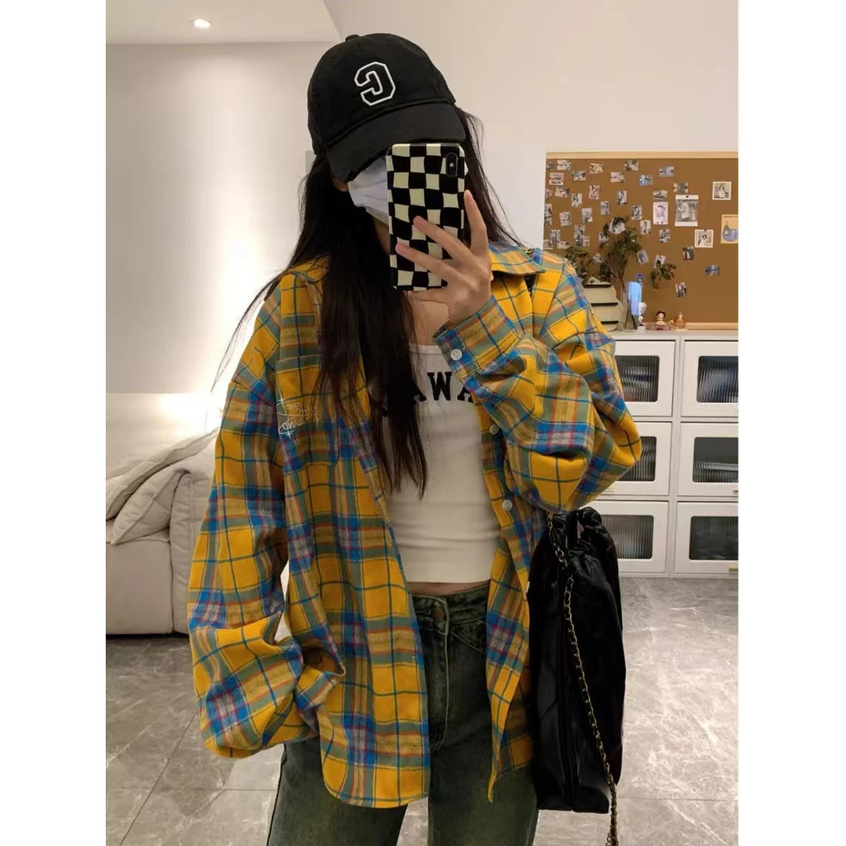 

Женская свободная рубашка в клетку в стиле ретро Гонконг, с длинным рукавом, осенняя верхняя одежда, повседневный стиль, удобный крой, воротник на пуговицах