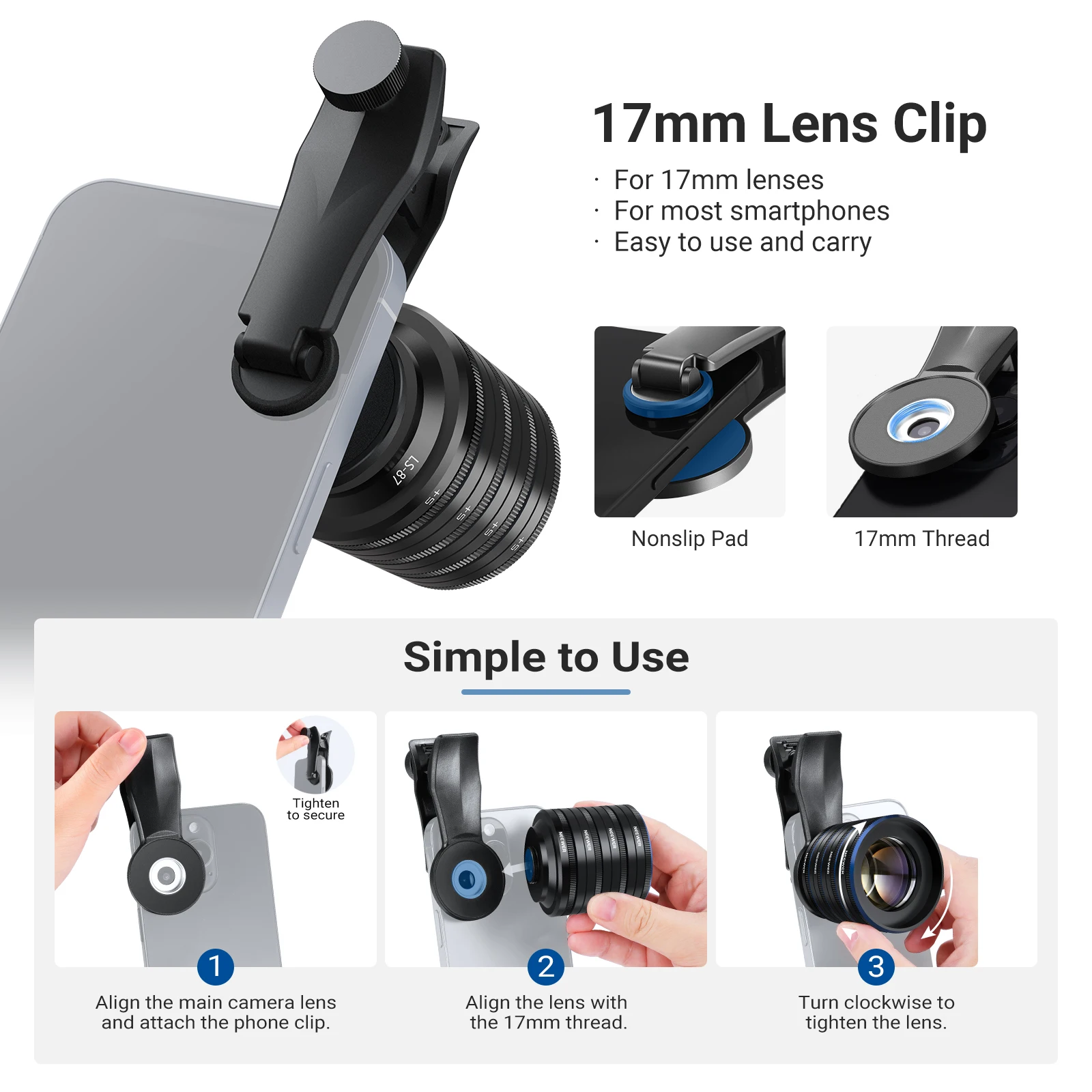 NEEWER Phone Macro Lens Kit, 4 Pcs Stackable Magnetic Closeup Lens Set with 17mm Threaded Clamp For iPhone Android Samsung