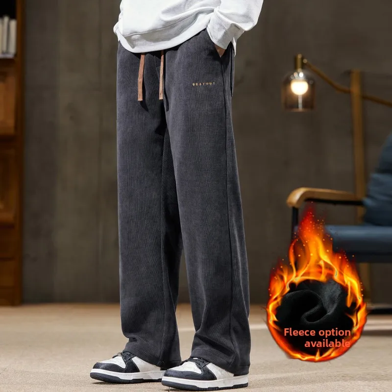 

Men's Casual Fce Lined Thi Wide Leg Pants Autumn Winter Straight Cut Sports Trousers Loose Fit Youthful Sle Bla