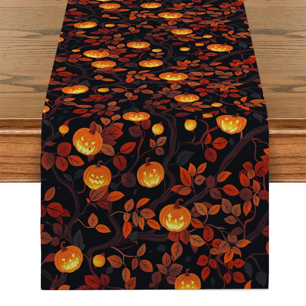 Halloween Pumpkin Headlamp Plant Maple Table Runners Dresser Table Decor Washable Kitchen Dining Coffee Table Runner Party Decor