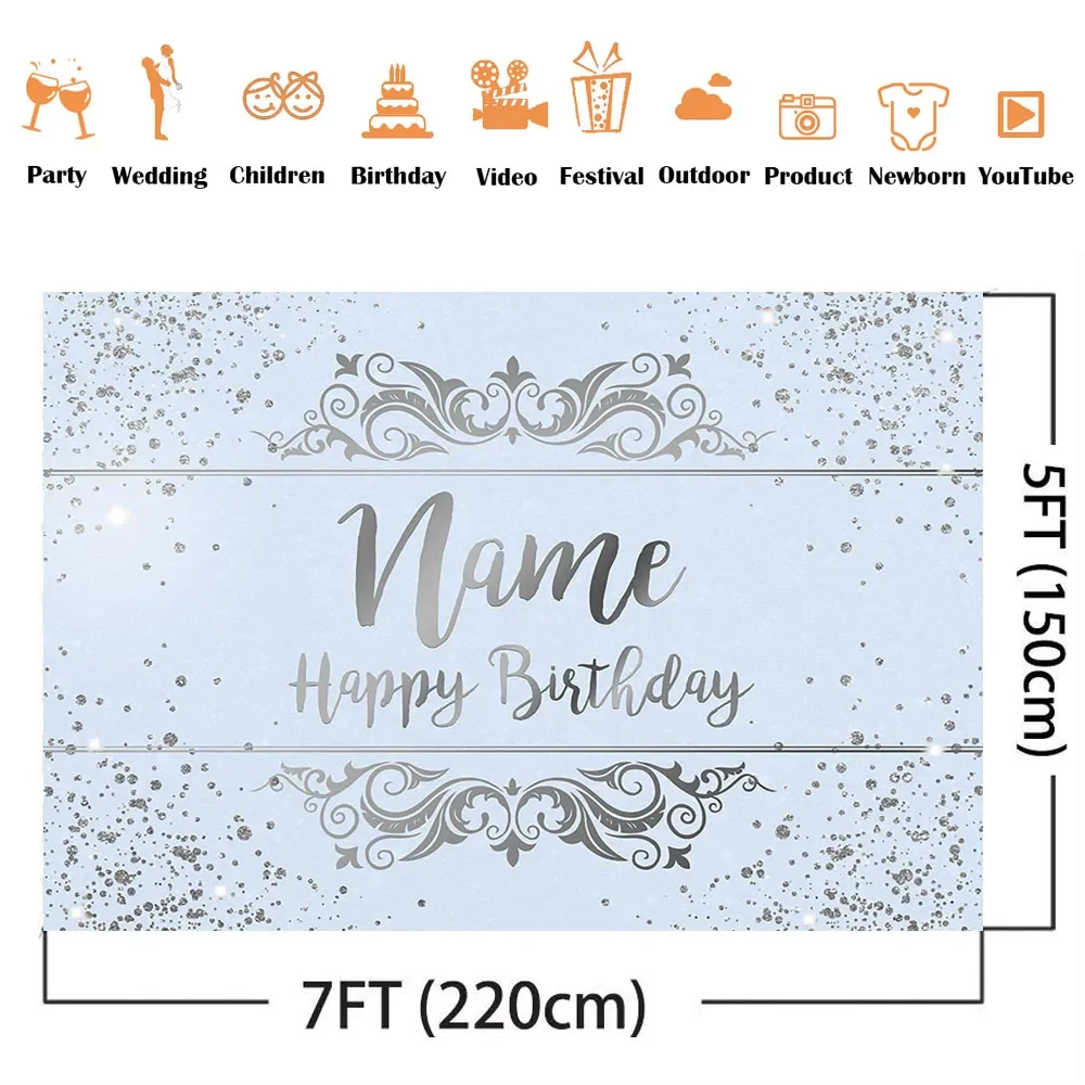 خلفية عيد ميلاد زرقاء مخصصة اسم كابينة تصوير فضية لامعة خلفية عيد ميلاد سعيد لتقوم بها بنفسك دعائم لافتة تزيين الحفلات