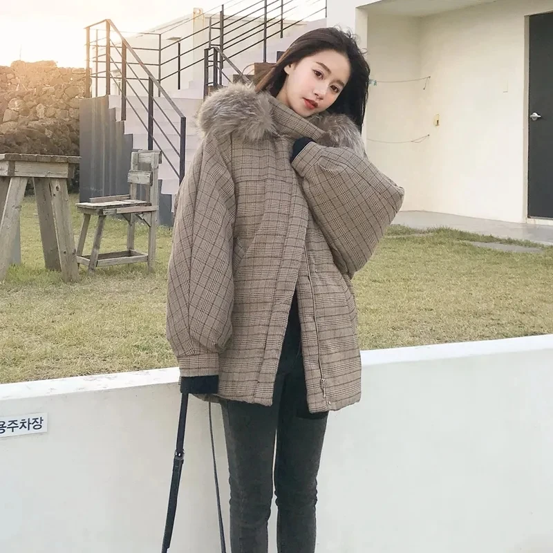 Large Fur Collar women Plaid Parka Coat Cotton-padded casual Clothes lady 2023 coat parkas female plus size outwear