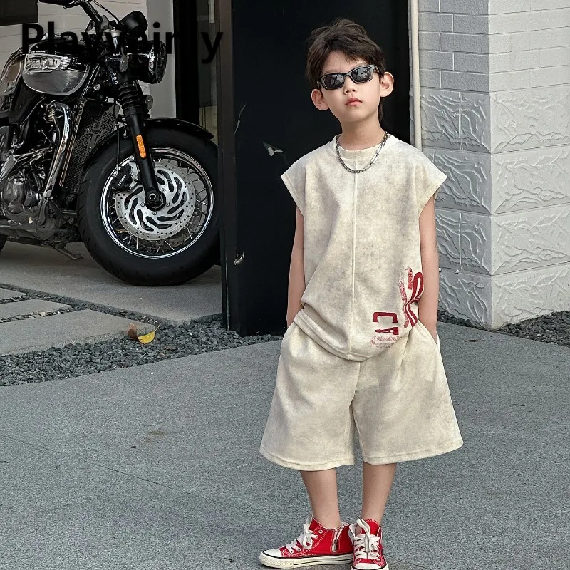 

New Summer Boys' Vest Sets Korean Style Tie-dye Crewneck Sleeveless T-shirt+Casual Loose Shorts Children Sports Outfits A05210