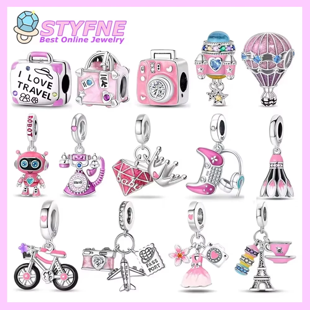 

Pendants Woman Original Silver 925 Pink Series Luggage Camera Hot Air Balloon Game Machine Charms Fit Bracelet Fine DIY Jewelry