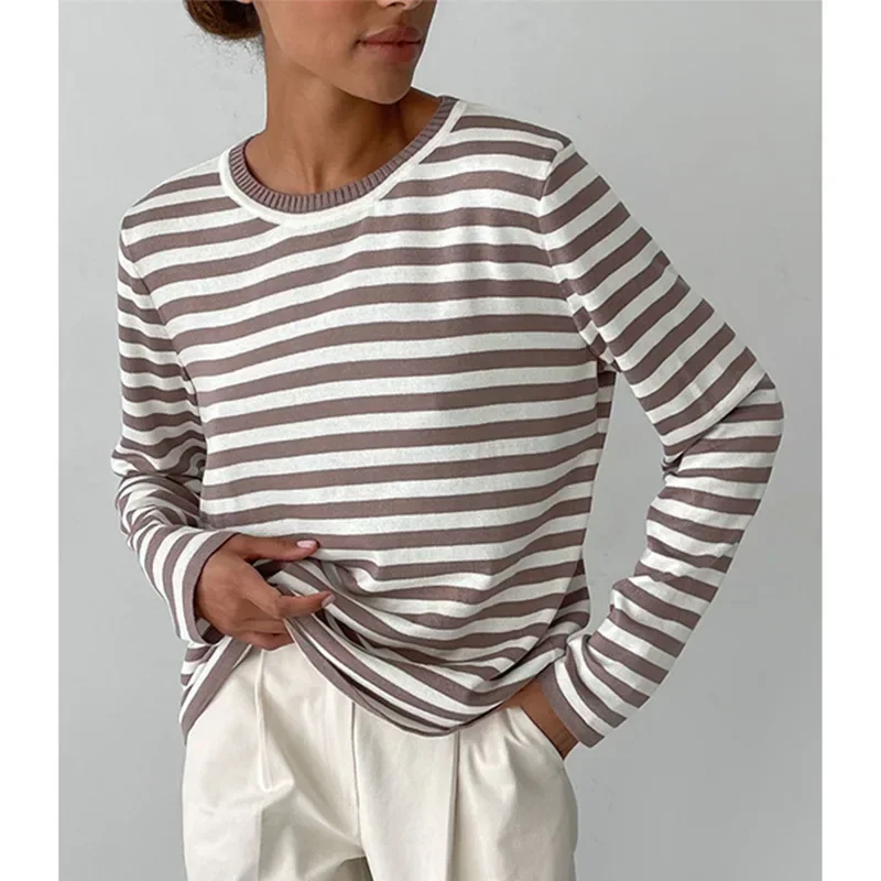 

Crew Neck Knitted Striped Sweater Spring Versatile Classic Retro Striped Pullover Sweater Women