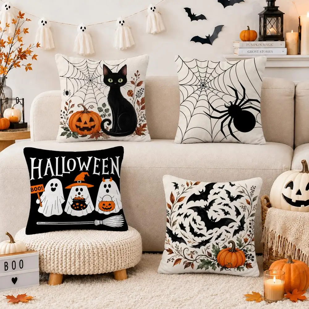 Halloween Bat Spider Cushion Cover Short Plush Double Sided Printed Soft Pillow Case Home Sofa Decor Festival Gifts