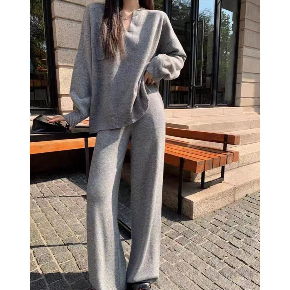 

Pant Set Women Two Piece Sets V Neck Knit Full Sleeve Sweaters Tops Wide Leg Long Pants Lace Up Elastic Waist Y2k Streetwear
