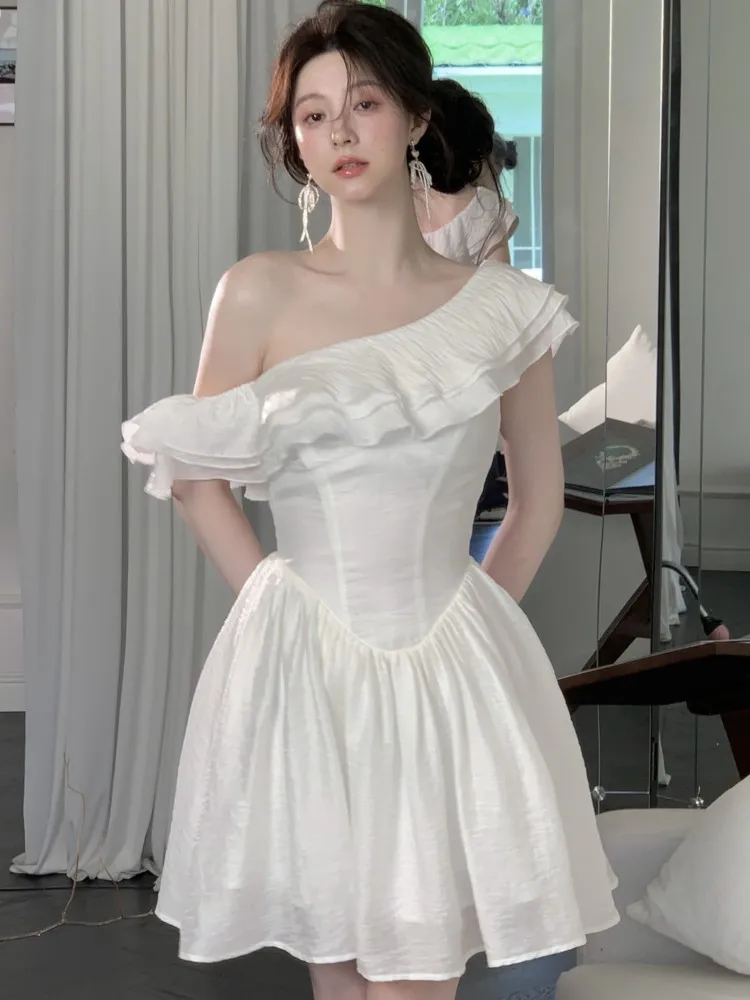 

Fairy Elegant Ruffles Inclined Shoulder Plain A Line Princess Dress Woman Fashion Evening Party Sweet Dresses Korean Prom Robe