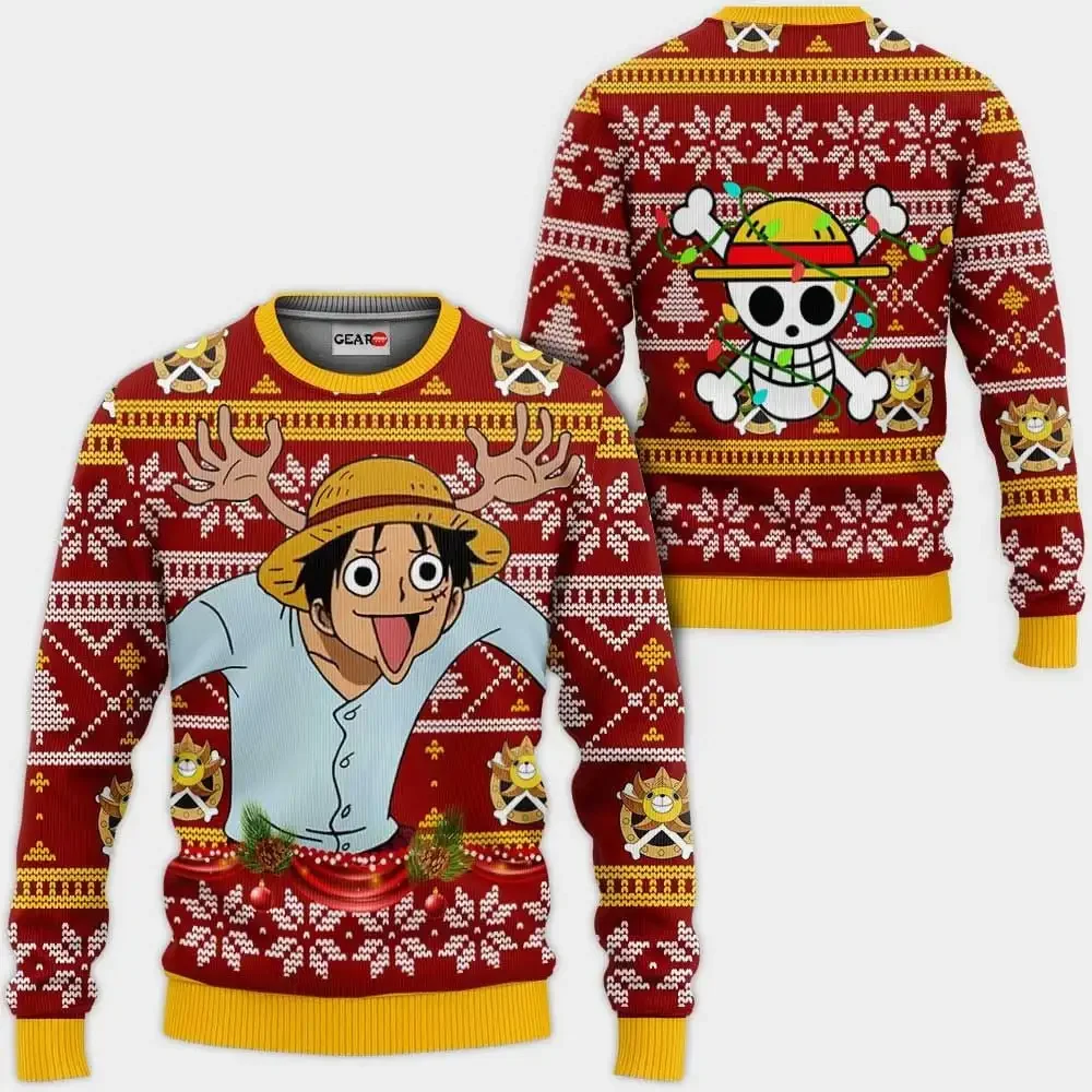 One Piece Luffy Ugly Christmas Sweater3D Print Crewneck Pullover Men Women Boys Girls Anime Xmas Holiday Party Jumper Sweatshirt