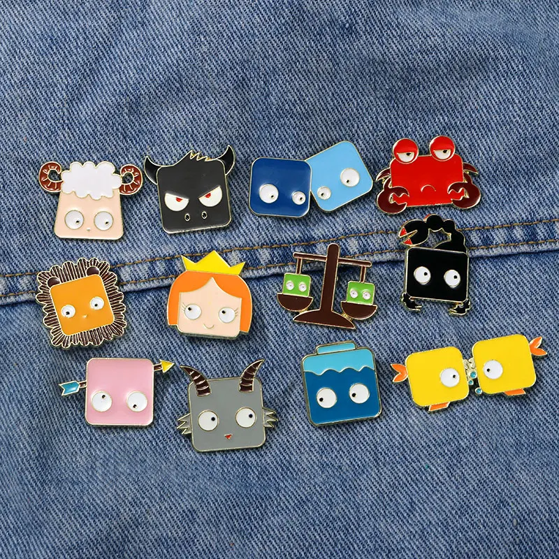 Statement Square The Zodiac Theme Pins Cute Cartoon Constellation Figure Enamel Brooches Cheap Jewelry Badge Wholesale