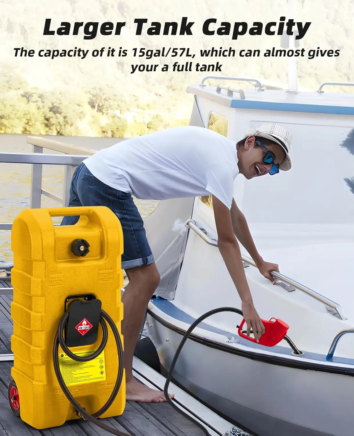 Bidón de Combustible Móvil de 15 Galones con Bomba Manual y Manguera de Seguridad – Bidón de Gasolina Robusto a Prueba de Fugas con Ruedas – Para Coche, Barco, Cortacésped, ATV, Amarillo