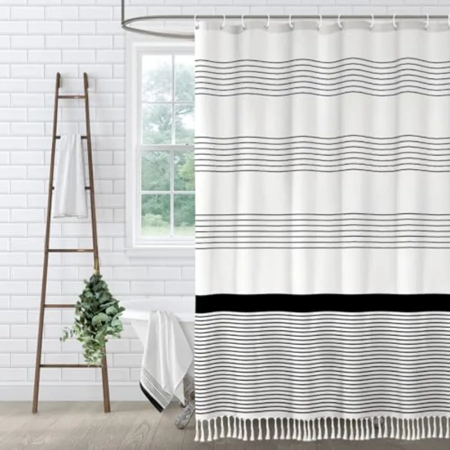 

Black Stripe Shower Curtain Cotton Boho Striped Shower Curtains for Bathroom with Tassel 72 X 72