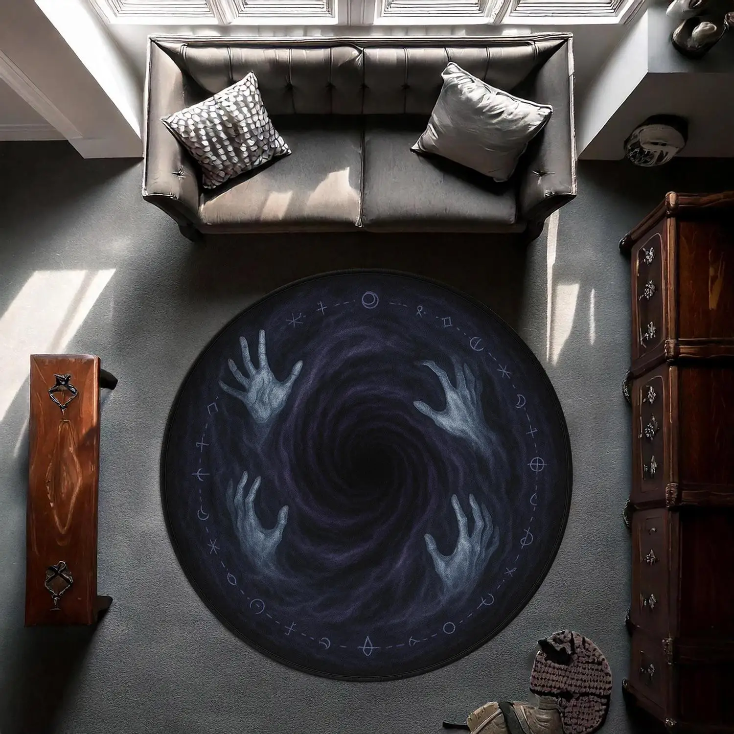 【Room Decoration Carpet】Mysterious Hand of Destiny Portal Carpet, Dark Magic Circle Round Carpet, Gothic Home Witch Decoration, Mysterious Fantasy Style Design