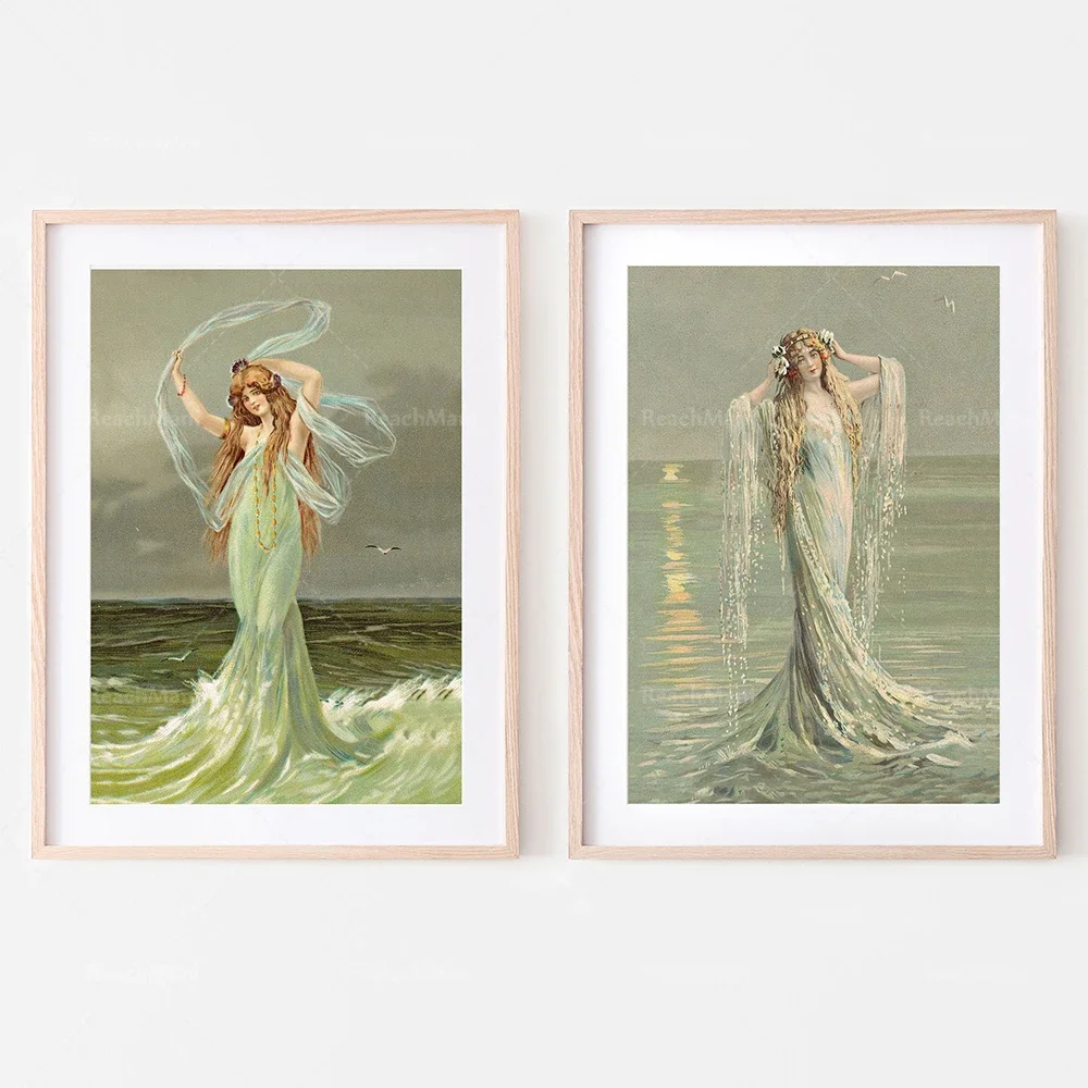 sea nymph mermaid print, vintage nautical art antique green wall decor boho sea mythology picture poster