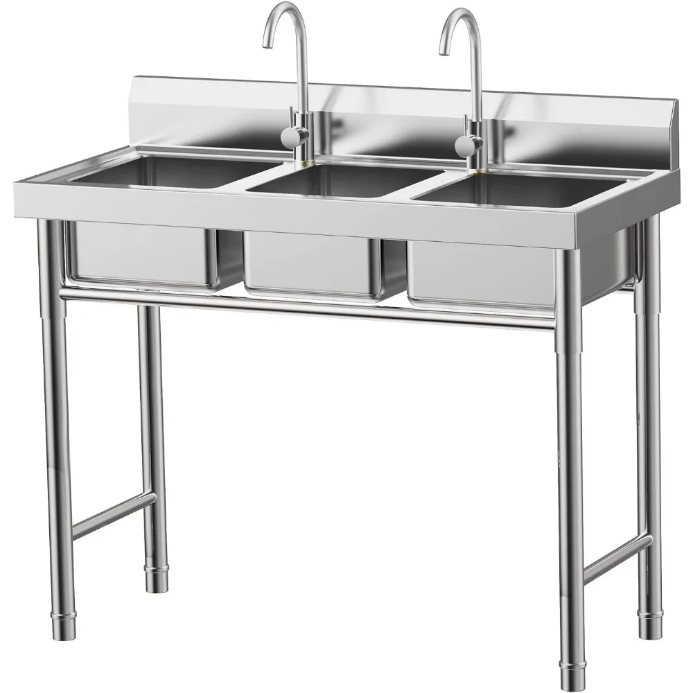 3 Compartment Sink,Commercial Stainless Steel Utility Sink,Freestanding Triple Bowl Kitchen Sinks with 2 Faucets for Restaurant,