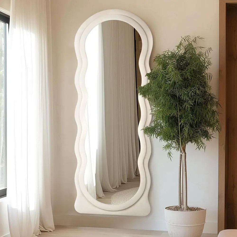 Irregular Wavy Framed Wall Mirror, 160x60cm, Ivory Finish, for Bedroom or Entrance