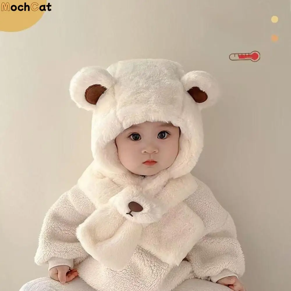 

Outdoor Solid Color Bear Plush Hat Korean Style Fashion Design Children Fleece Hat Muffler Cartoon Plush Hat with Scarf Kid