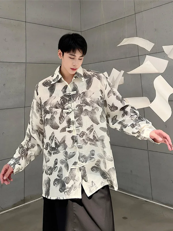 

Новый китайский Sle Long Sve с принтом irt, мужской ретро-воротник-стойка, свободная повседневная корейская версия, несбываемая с пуговицами