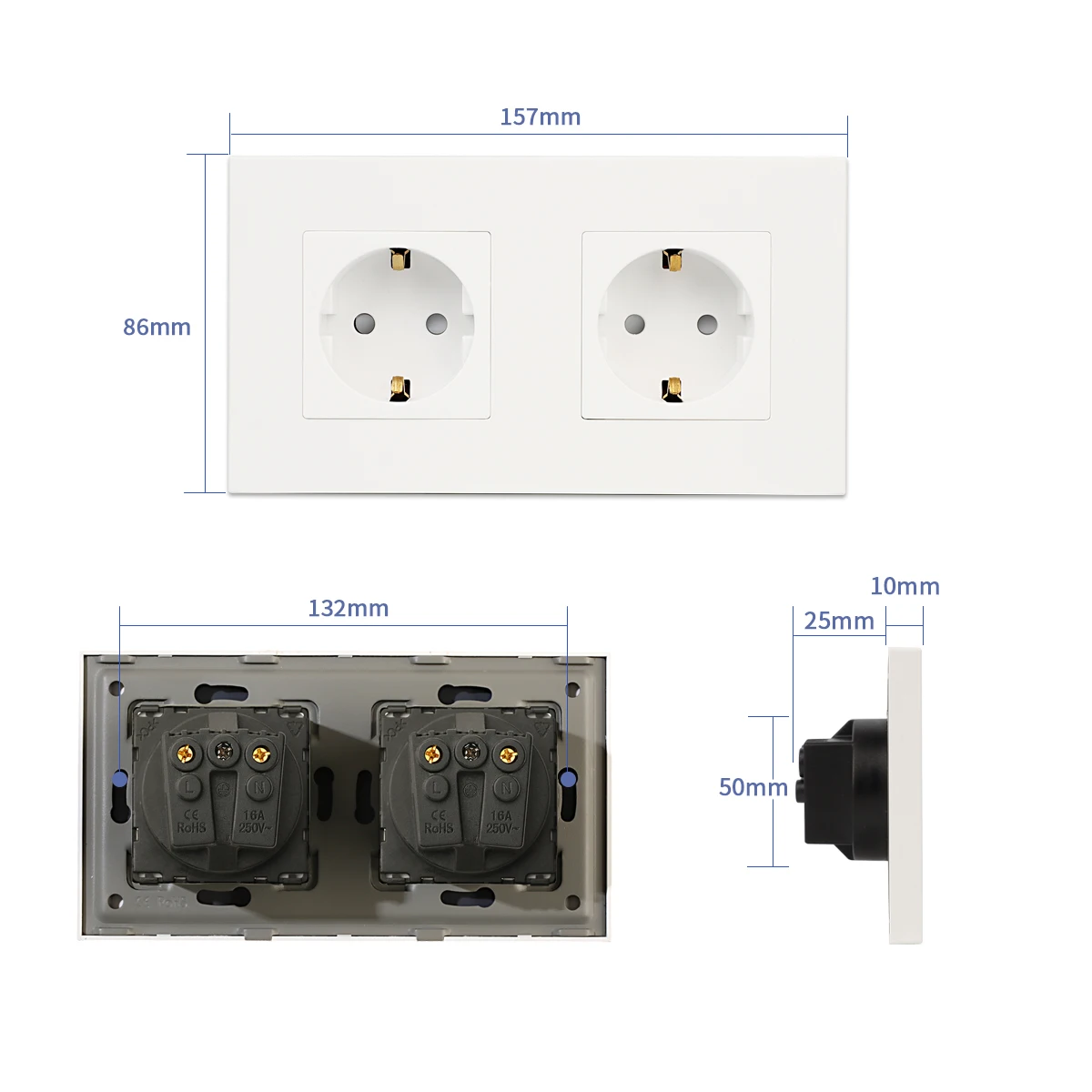 Bingoelec EU Double Sockets 2gang Power socket 16A electrical plug grounded 157*86mm pc wall Electrical Sockets Black white grey