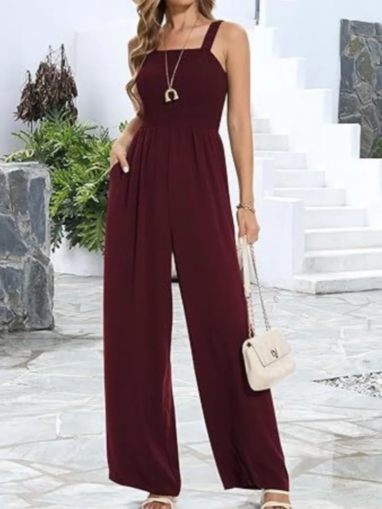 بدلة قفز نسائية غير رسمية موضة بدون أكمام عالية الخصر بنطال ذو قصة أرجل واسعة بدلة قفز نسائية أنيقة للمكتب ملابس نسائية صيفية