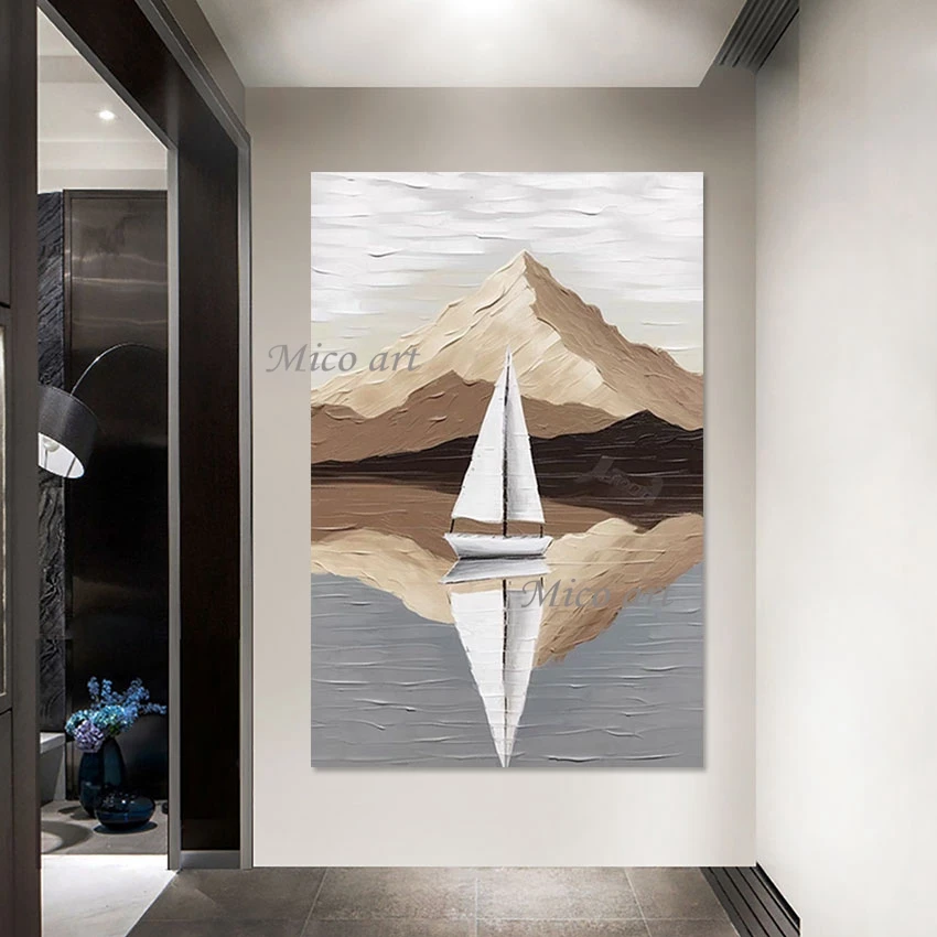 

White Acrylic Sailboat Abstract Decoration Painting Simple Mountain Scenery Picture Canvas Roll Art Frameless Acrylic Artwork