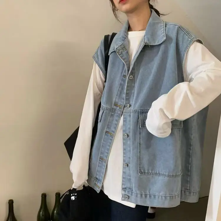 

Harajuku Ruffles Oversize Denim Jacket Fashion Sleeveless Large Size Vest Tops Chic Streetwear Jeans Coat Single Breasted Jacket