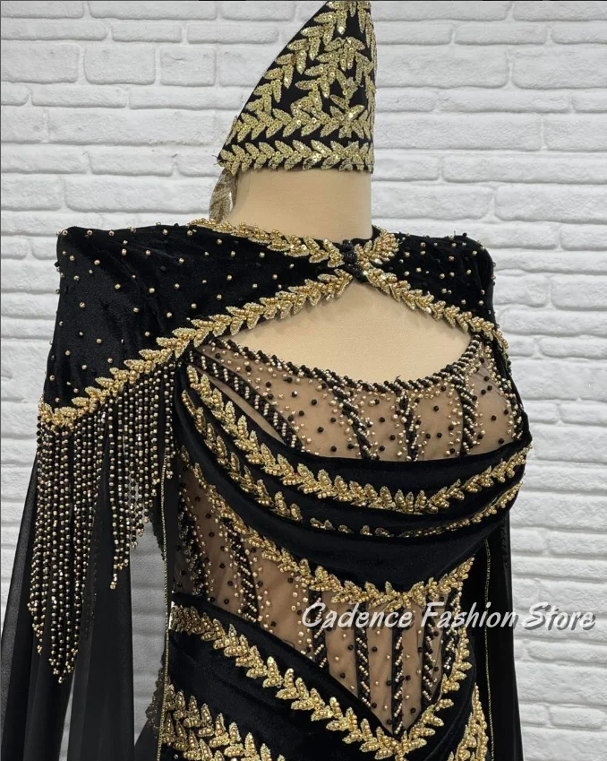 Preciosos vestidos de fiesta tradicionales negros personalizados, chal de tubo, vestido de noche árabe con cuentas de lujo para mujer, caftán