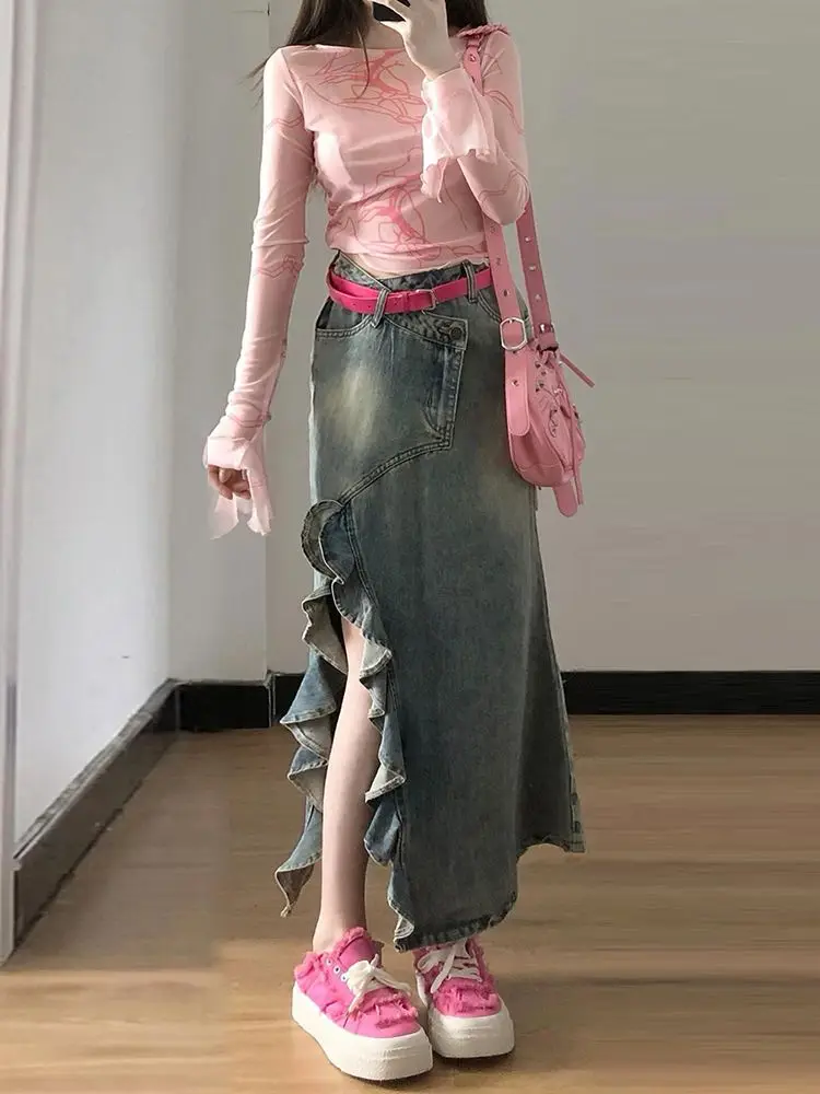 Fish Tail Irregular Denim Skirt Women American Vintage Split Hem High Waist A-Line Skirts Summer Korean Hot Girl Long Skirt 2024