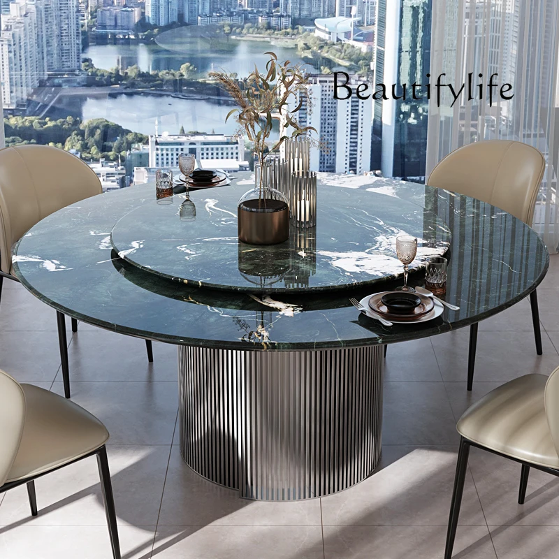 

Natural luxury stone mica green dining table round table marble dining table Italian minimalist light luxury round