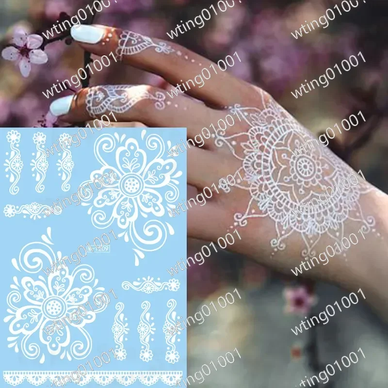 for Henna Tattoo Sticker White Lace Design Waterproof Temporary Body Art for Hand Back India Style Long Lasting Decorative