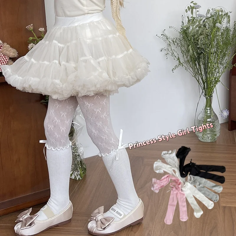 

Детские кружевные колготки с рюшами и бантом, весна 2026, в стиле принцессы, мягкие сетчатые, с закрытым носком, высокоэластичные леггинсы