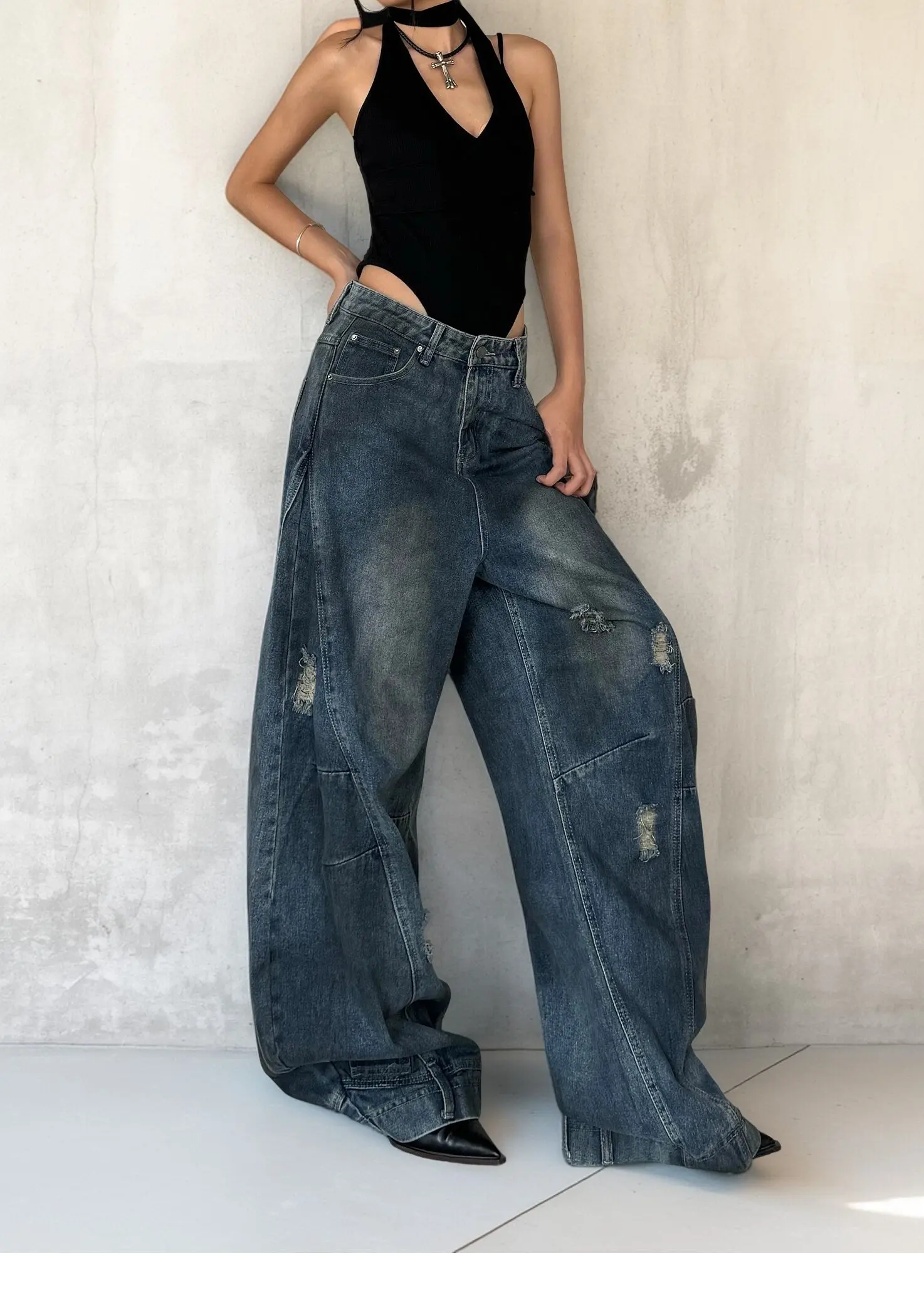 شيك موضة المرأة الجينز خمر الرجعية الحبر القذر عالية الخصر عادية واسعة الساق الدنيم السراويل ثقوب تصميم الإناث العصرية Harajuku