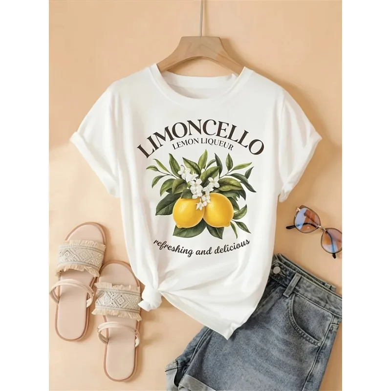 

Ladies Limonello Lemon Printed T-shirt Loose Breathable Round Neck Short Sleeve Top Casual Summer Plus Size Women's Wear