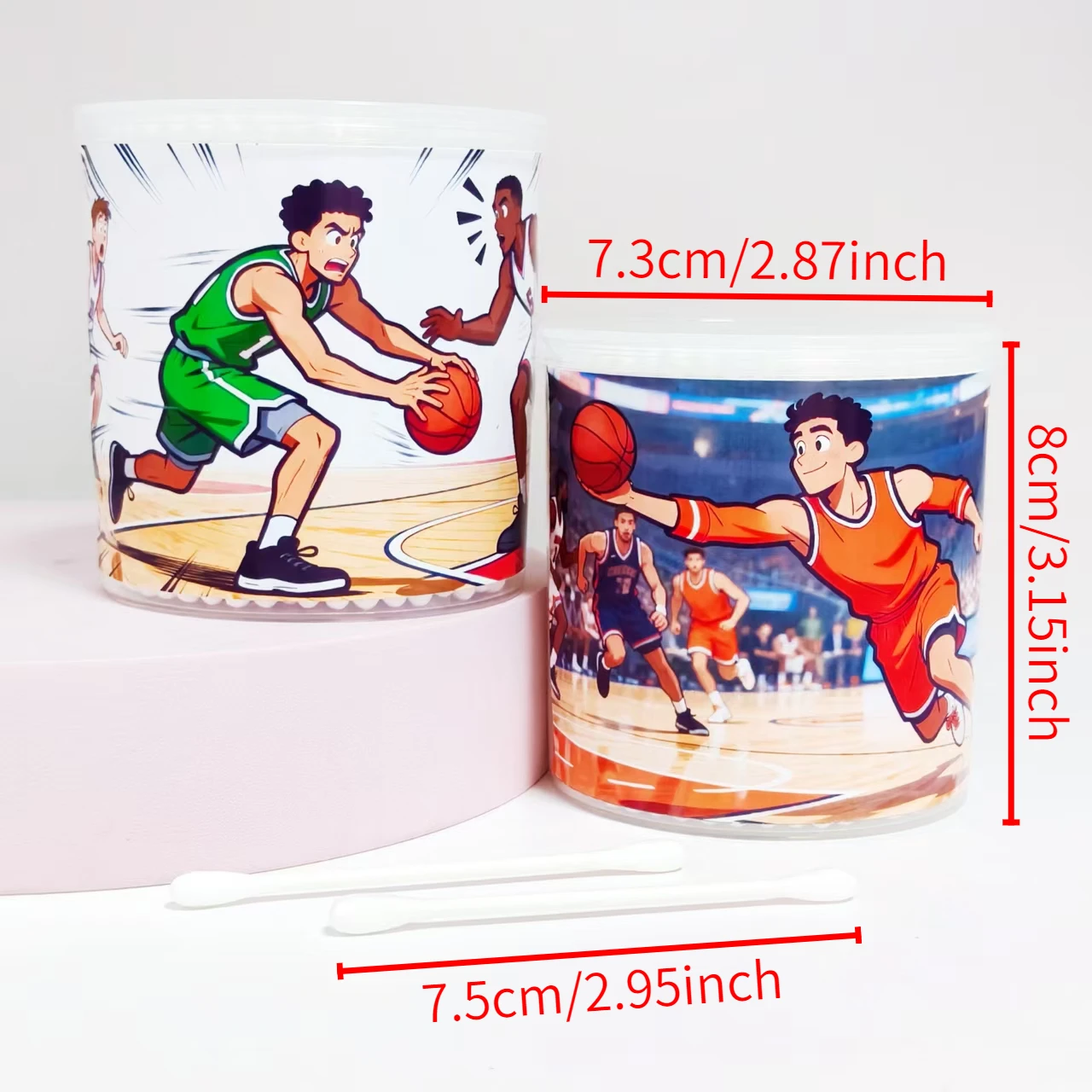 400 Stück/600 Stück Wattestäbchen mit Basketball-Thema-Muster, weißes doppelseitiges Rohr, Wattestäbchen